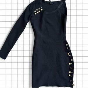 Marciano Black Long-Sleeve Bodycon Dress with Gold Button Accents